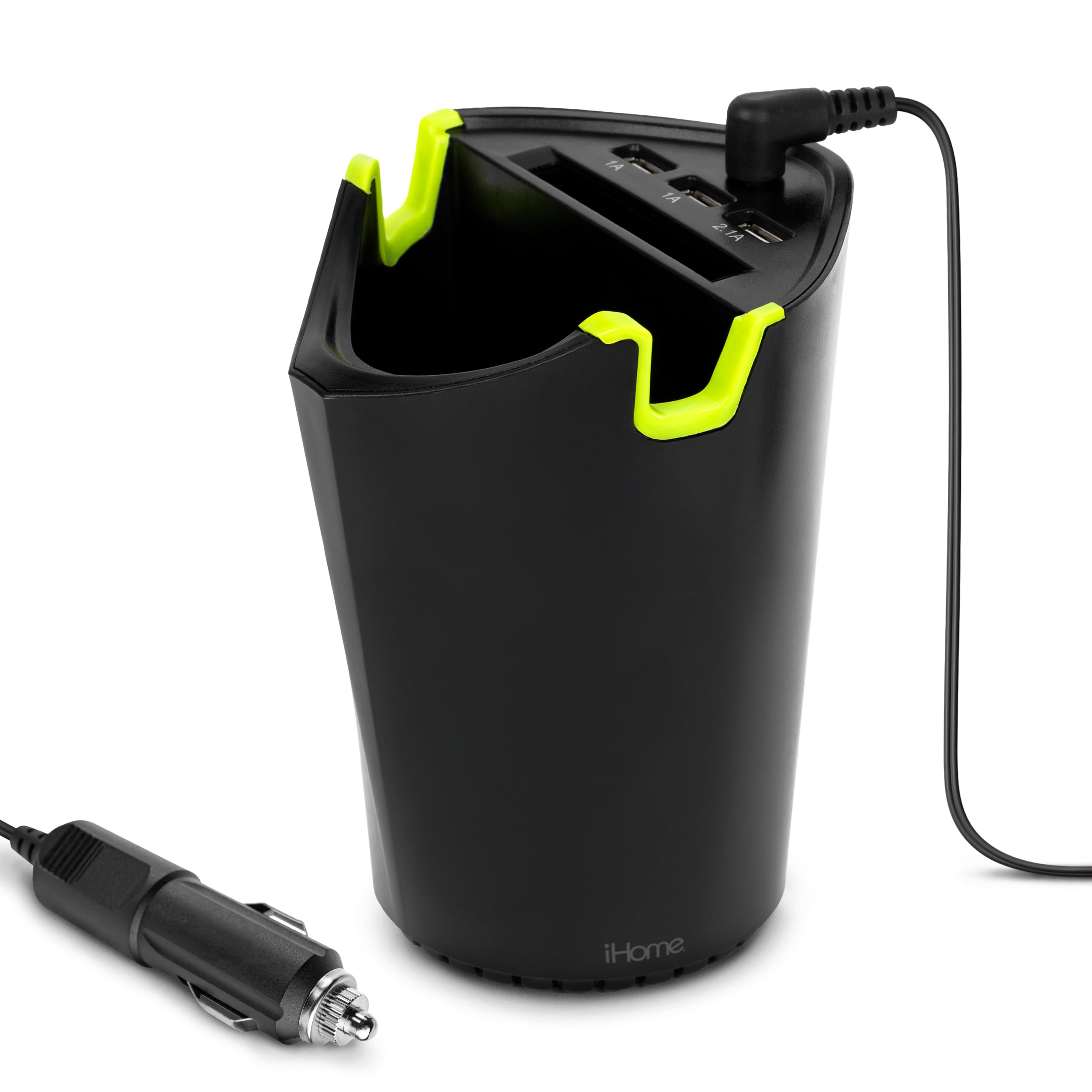 iHome 3 Port Cup Holder Charger, Rapid Charge 2.1A Port, Extra Storage, Universal Fit