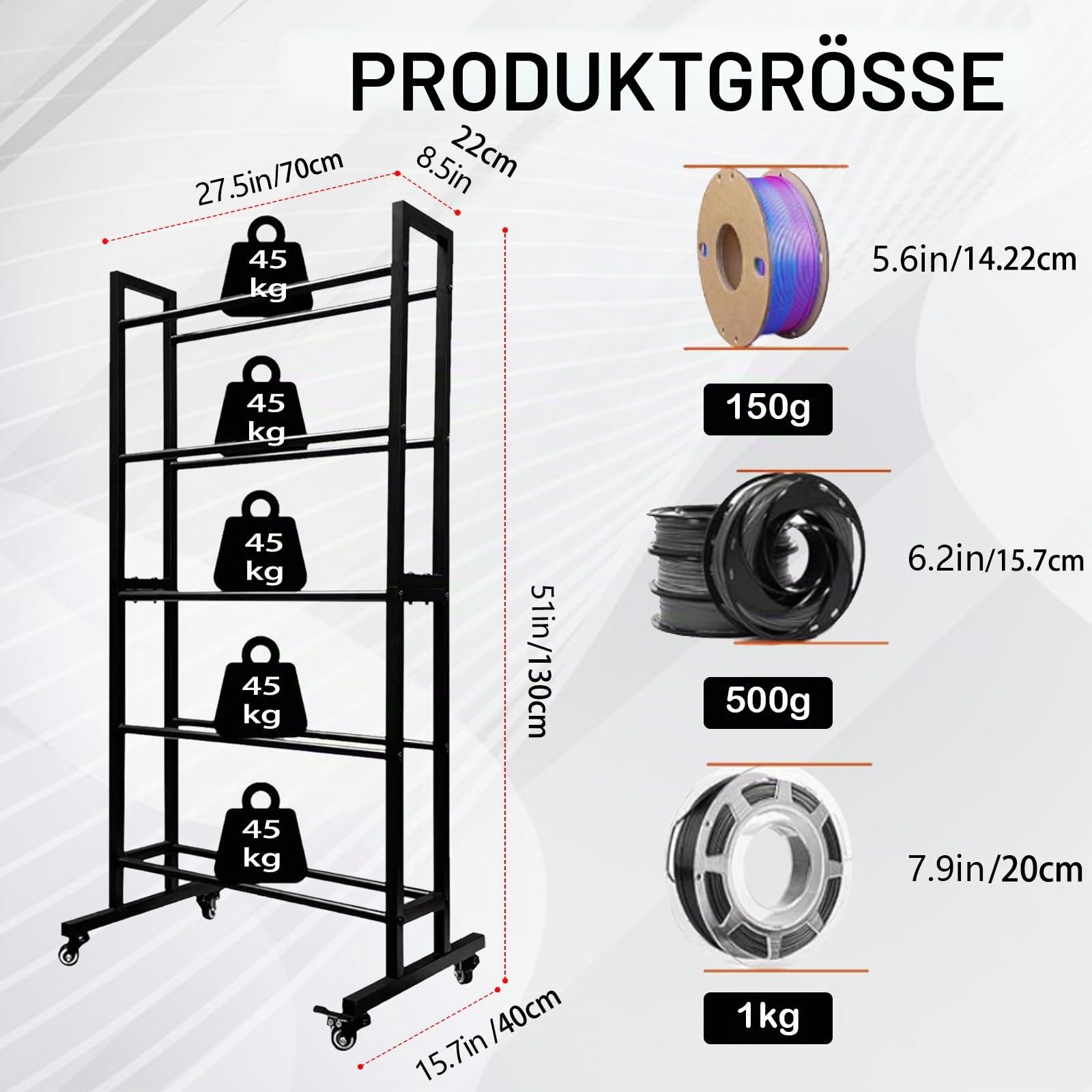 5 Ebenen Filament Lagerregal für 3D-Drucker, 130x70x22cm Aufbewahrungsständer für 3D-Druckfilamente Kompatibel mit PLA ABS PETG TPU WOOD, Filamentspulenhalter mit Scrollrad für Druckstudio Werkstatt
