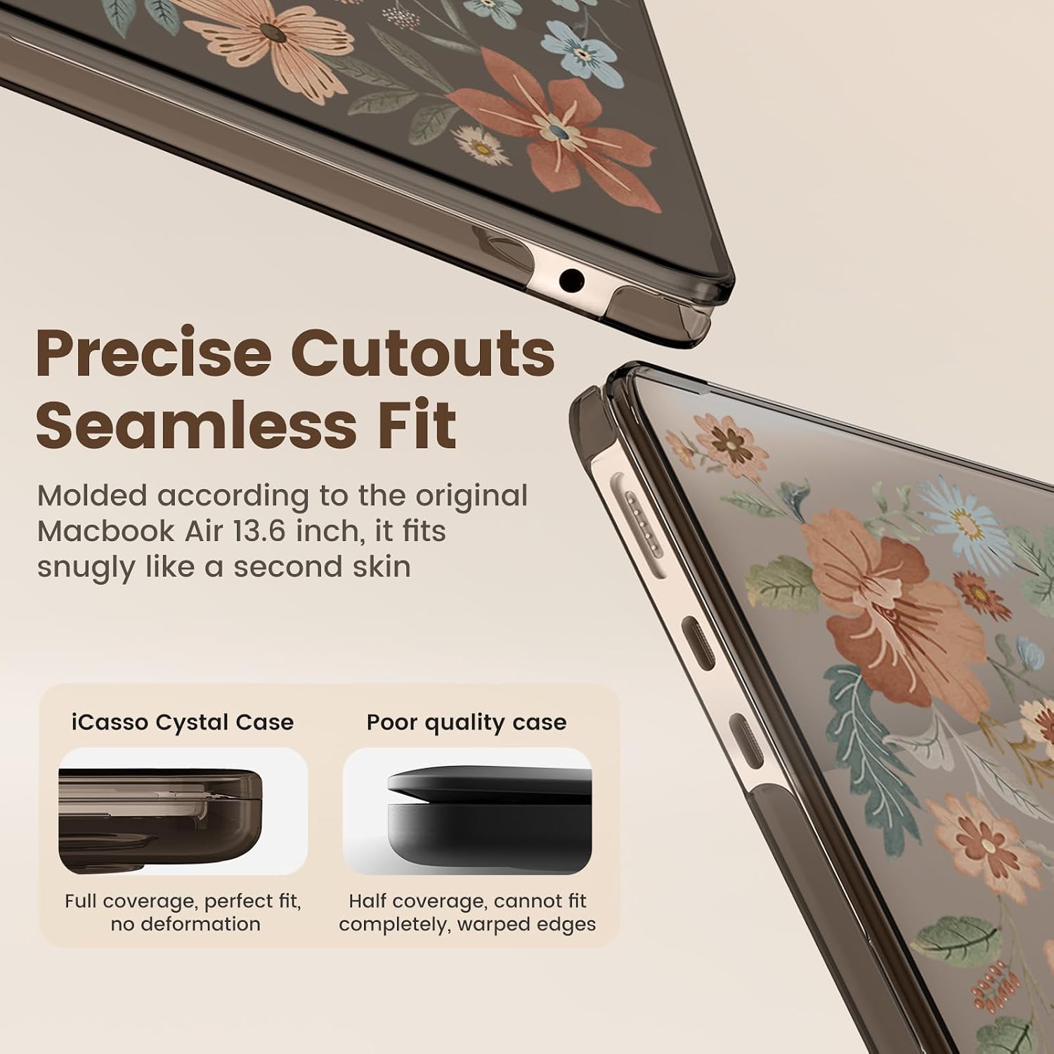 iCasso for M4 MacBook Air 13 inch Case 2026 2025-2022 M5 M4 M3 M2 Model A3449 A3240 A3113 A2681, [Ultra Thin Armor][100% Ultra Clear], Air 13.6'' Flower Crystal Clear Hard Shell Cover, Brown