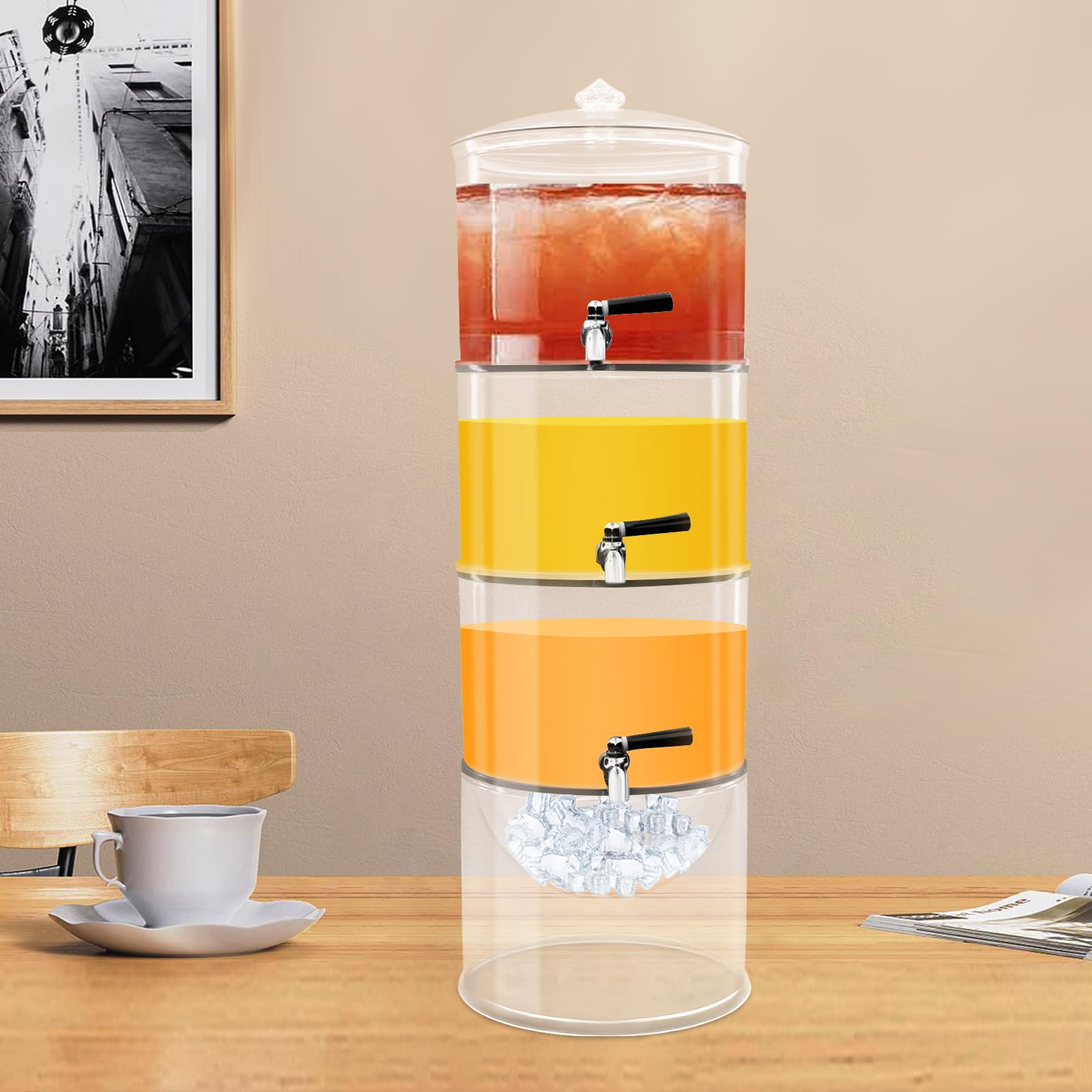Getränkespender mit 3 Ebenen, Behälter aus Acryl mit Wasserhahn, Eisfach, stapelbares Design, spülmaschinengeeignet, für Saft, Limonade und Cocktails