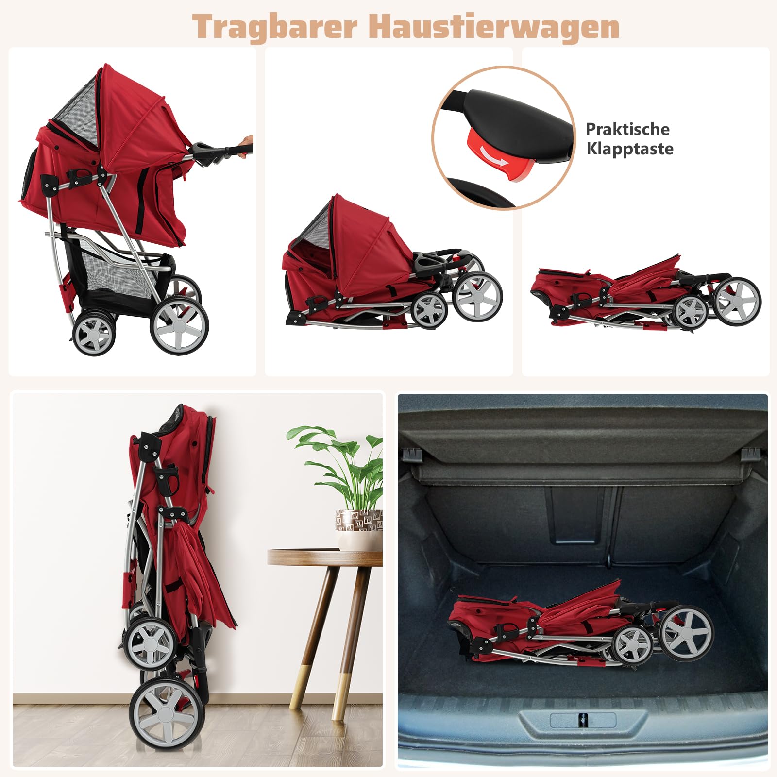 SOARS Passeggino per Cani e Gatti Pieghevole Fino 15 kg, Carrello per Animali Domestici, Trasportino Carrozzina Portatile da Viaggio e Passeggio con Tettuccio per Cuccioli, 87 x 46 x 102 cm (Rosso)