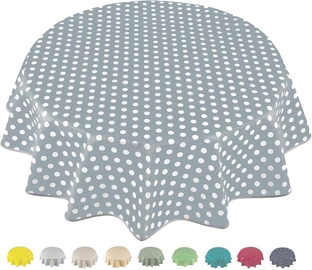 Home Direct Round Oilcloth PVC Wipe Clean Tablecloth Table Cover 140cm 55" Polka Dot Grey Light