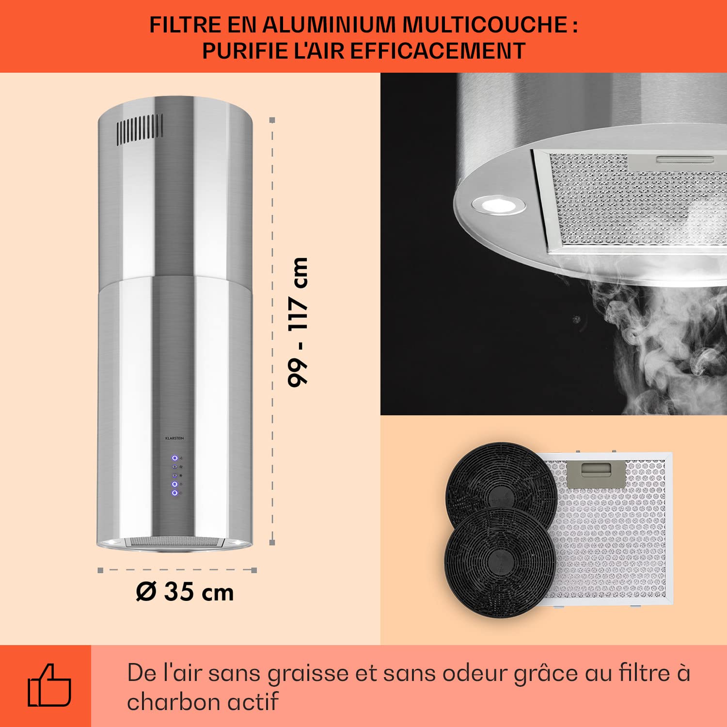 Klarstein Hotte Aspirante Ilot Central de Cuisine Silencieuse et Design, Débit d'air 650m³/h, Minuteur, 3 Modes, Hotte Aspirante avec Conduit d'Evacuation, Filtres à Charbon Actif, Hotte Ilot Central