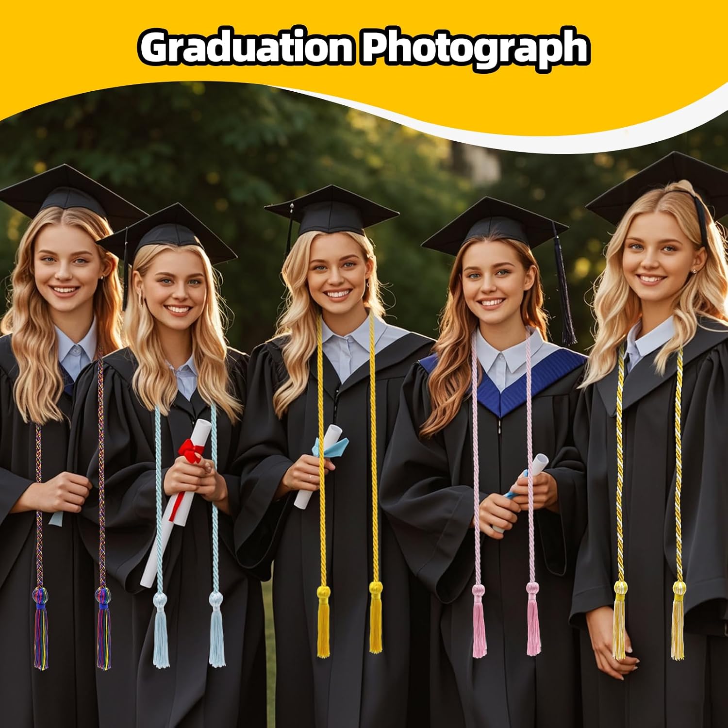5 Pcs Graduation Cords with Tassel for High School Bachelor Gown College Graduation 2025 (Gold, Sky Blue, Pink, White & Gold, Rainbow)