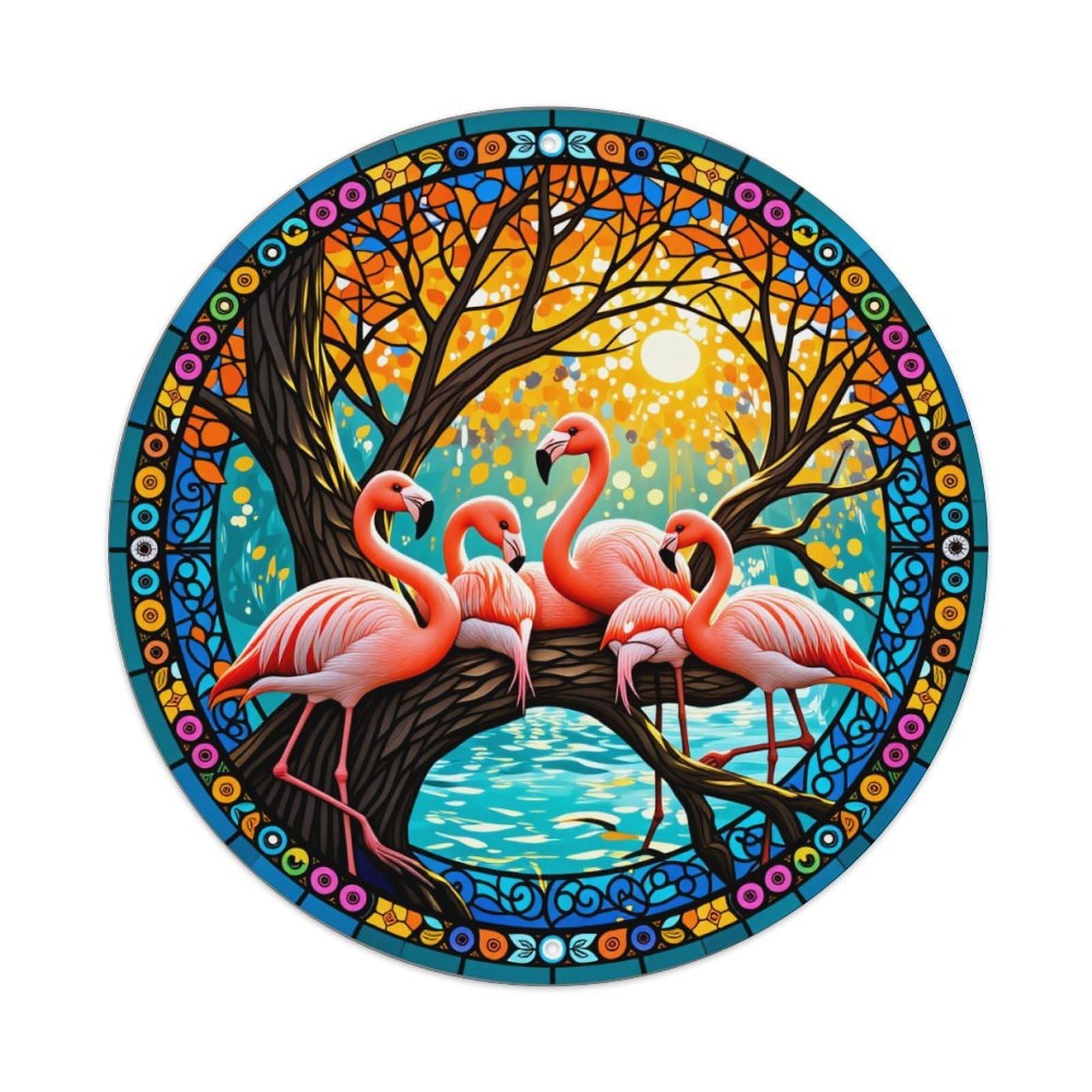 Flamingos Perched On Tree Branches Stained Glass Style Round Vintage Tin Sign,Retro Wall Art,Metal Poster for Home, Bar, Garage, Cafe, Rustic Indoor & Outdoor Decor, 8x8 Inches