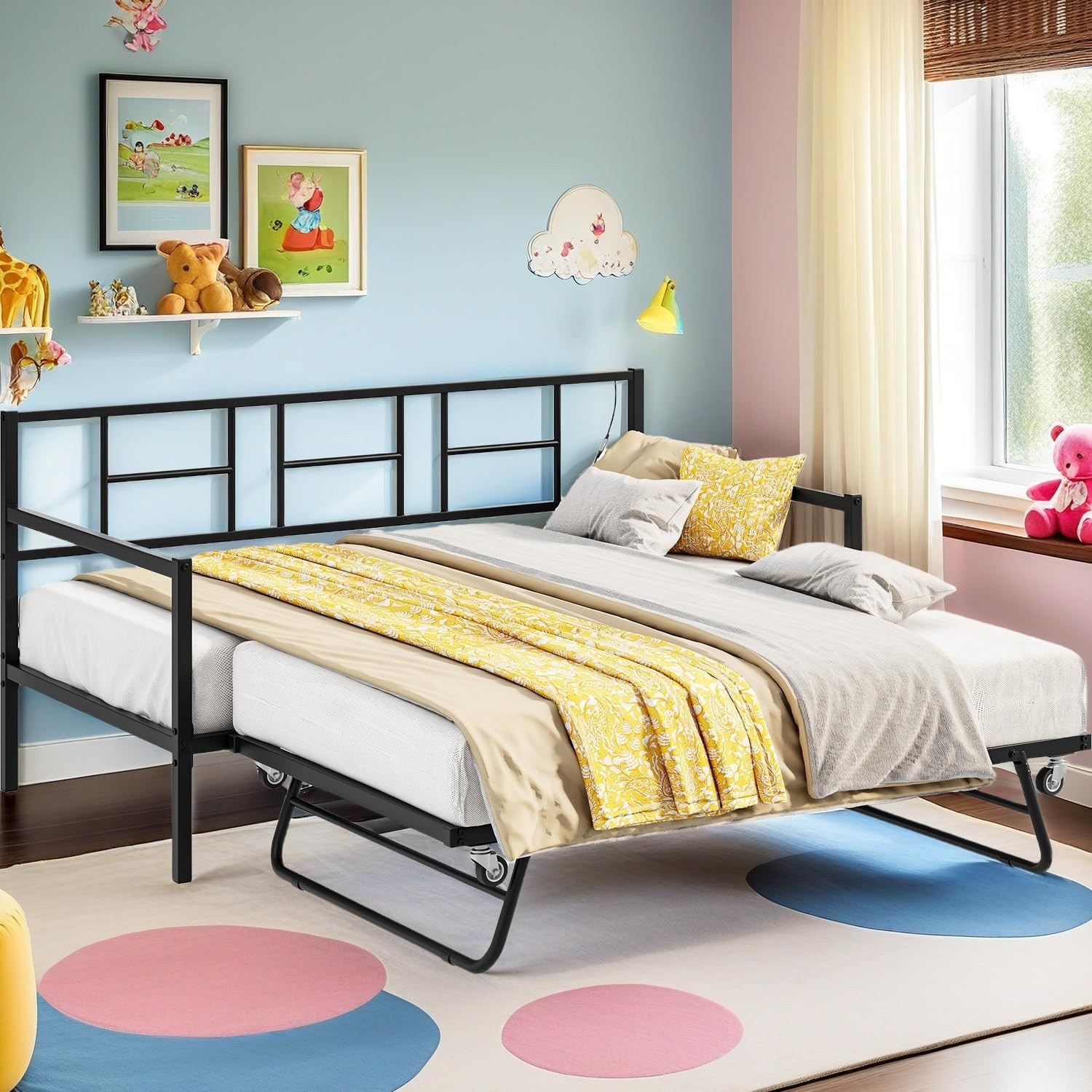 YITAHOME Twin Daybed with RGB LED Lights & Charging Station, Height Adjustable Day Bed Frame with Trundle, Versatile Metal Sofa Bed Frame for Bedroom, Living Room, Guest Room, Black