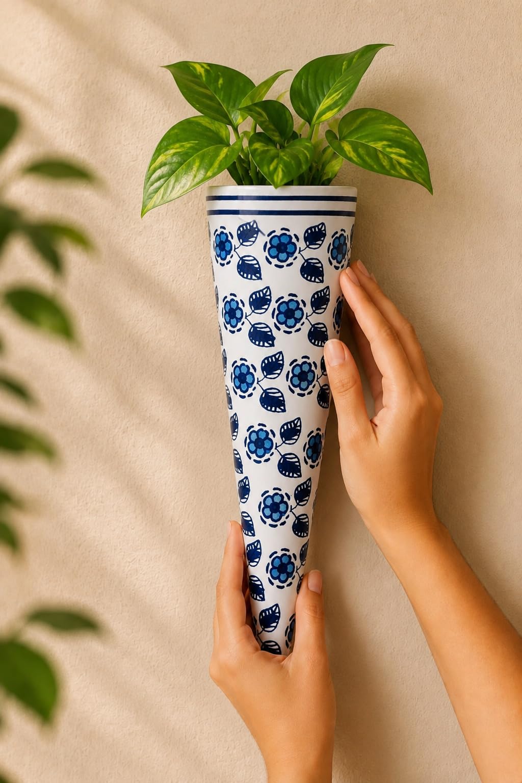 Handcrafted Ceramic Cone Wall Planter | Set of 1 | Blue & White Floral Hanging Planter | 9.4 Inch Wall Mounted Ceramic Flower Pot | Decorative Indoor Planter-image-20