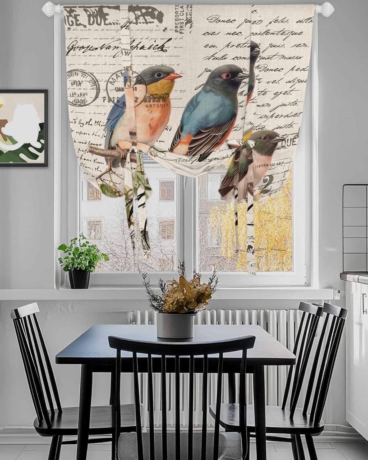 Tie Up Curtain for Windows Parrot Tree Branch Balloon Window Shades for Bedroom Bathroom Adjustable Rod Pocket Vintage Postmark Window Treatments Curtains Valance for Kitchen 52" W x 63" L