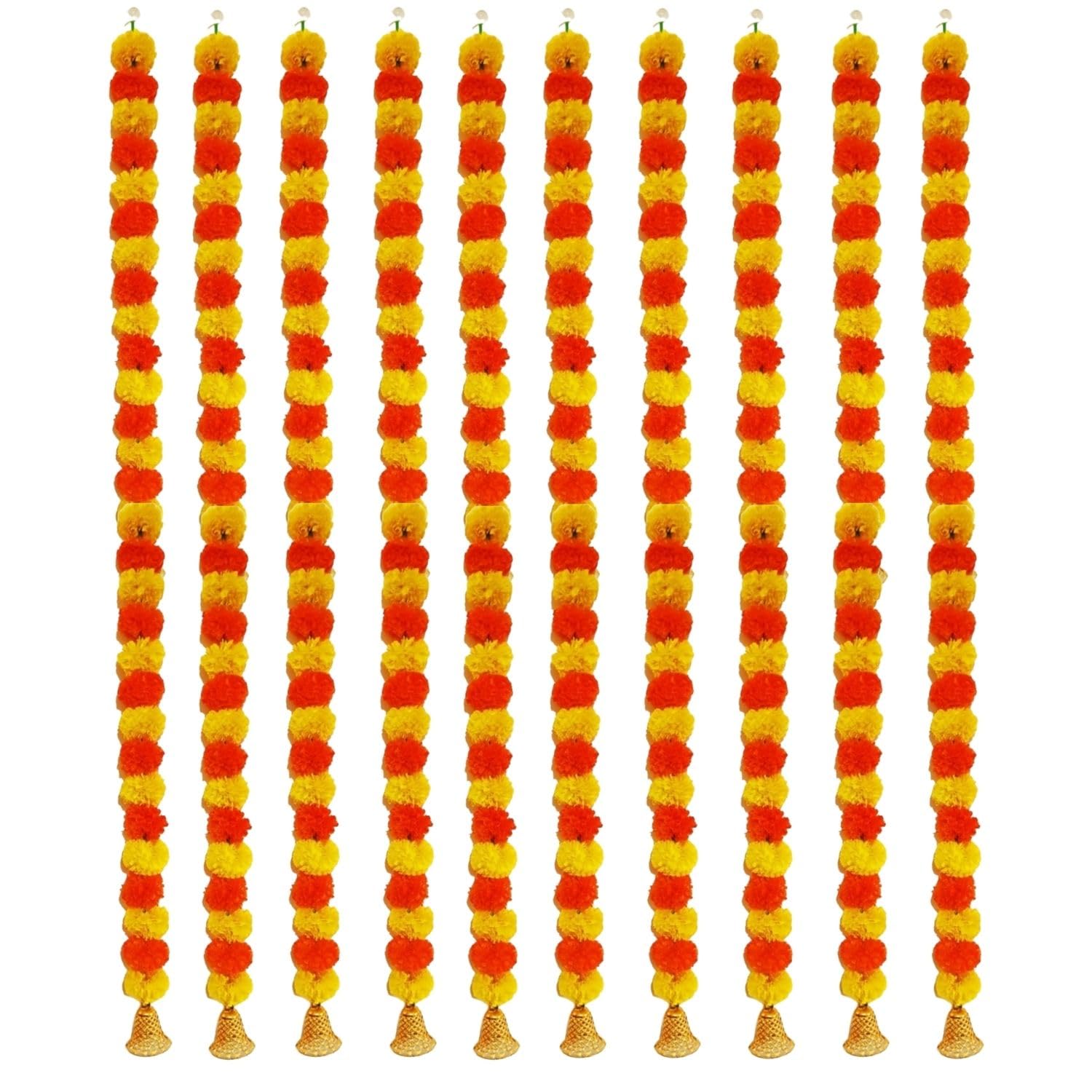 Agnirva Artificial Marigold Flower Garland with Golden Hanging Bells for Home Decor Temple Pooja Room Diwali Toran Genda Phool Table Festival Wedding Decoration (5 Feet Long, Pack of 10)