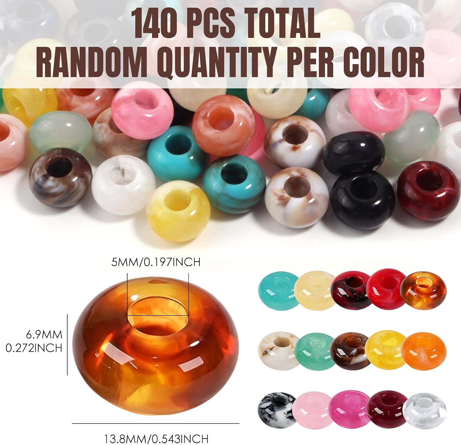 140PCS Large Hole Beads DIY Jewelry Making Kit, 14mm Acrylic Rondelle Multi‑Color Smooth Loose Beads for Keychains Bracelet Necklace Craft Carabiner Bag Charms