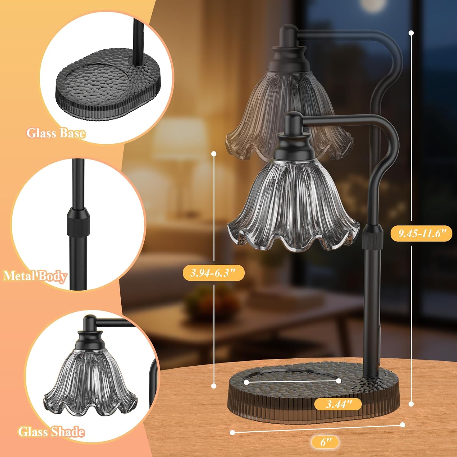 Candle Warmer Lamp with Adjustable Height - Flameless 4-Level Dimmable Wax Warmer, Timer Function & Stylish Design in Multiple Colors(Black)