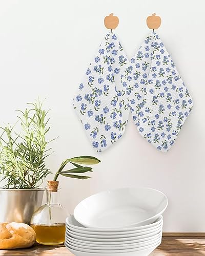 Miniatura 2 de Artwork Store Paquete de 2 toallas de cocina de algodón con tejido de gofre, flores azules, absorbentes, de secado rápido, paños de cocina para