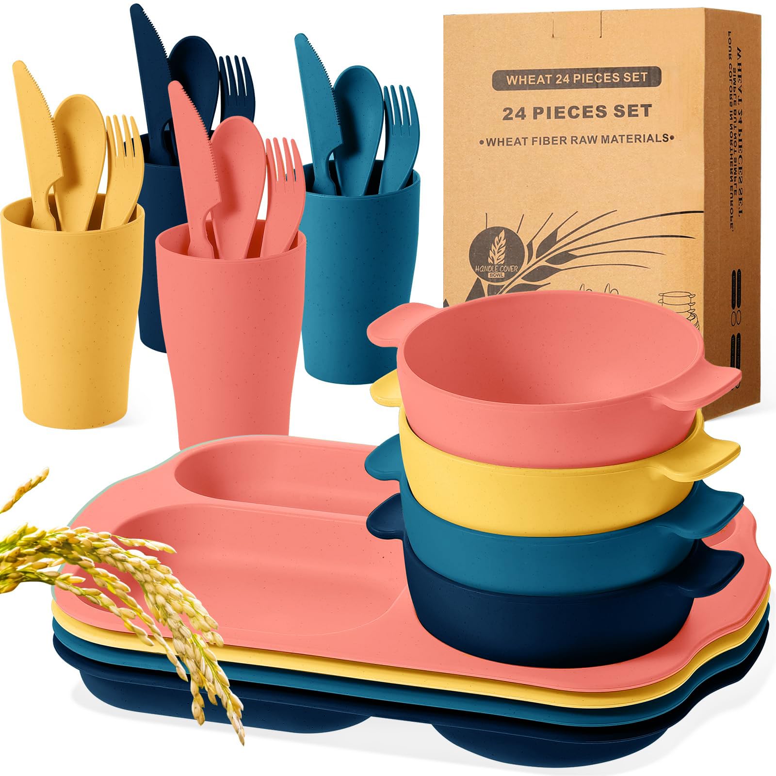 BIGTHREE® 24-Piece Straw Cutlery Set, Colorful Wheat Straw Tableware Student Compartmentalised Plate Meal, Unbreakable, for Microwave and Dishwasher, BPA Free, for Dinner Dishes Kids & Student