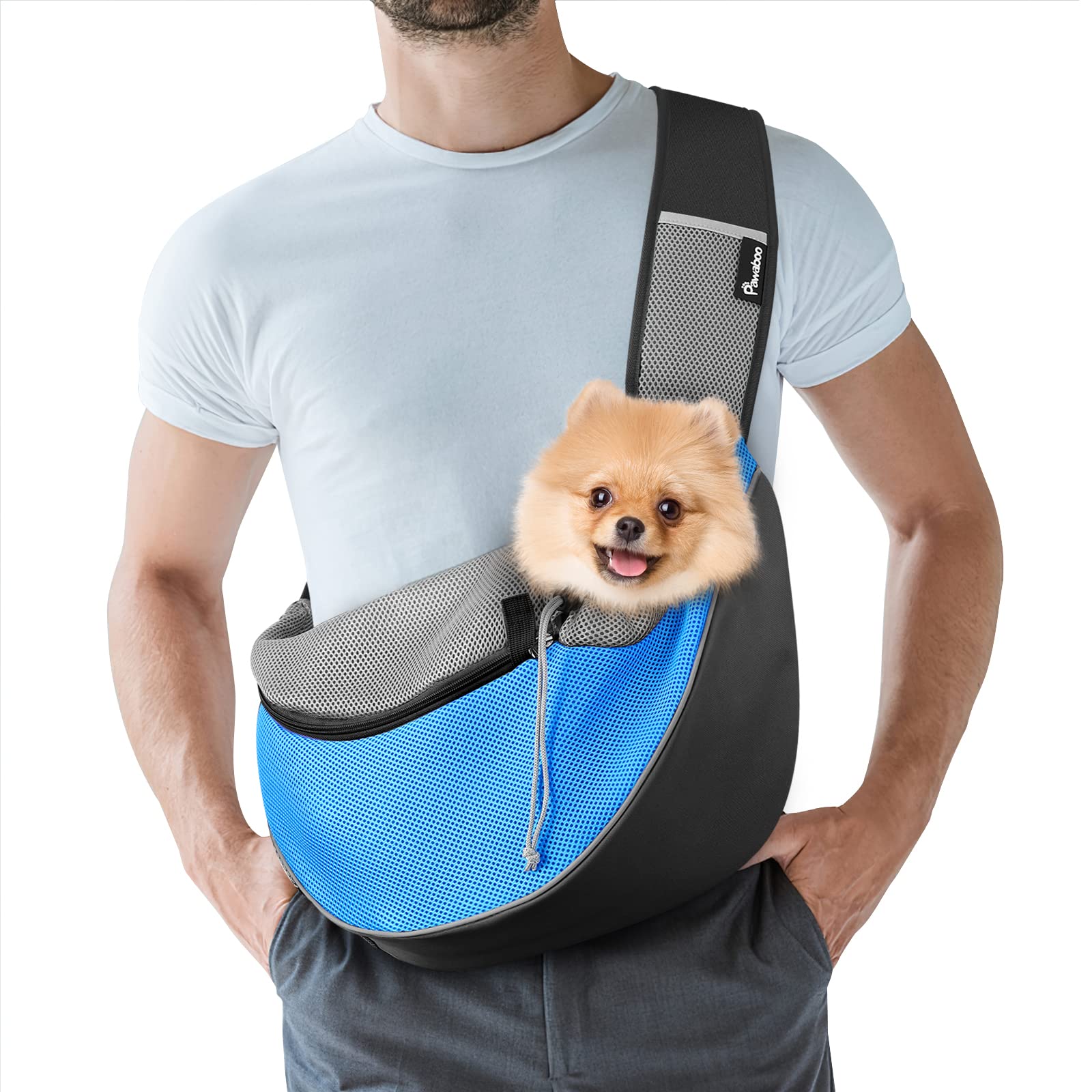 Pawaboo Zaino per Cani e Gatti, Contenitori da Trasporto per Cani, Trasportino da Passeggio con Cordino Regolabile, in Rete Traspirante e Comoda Tracolla, con 3 Tasche, Taglia L - Azzurro