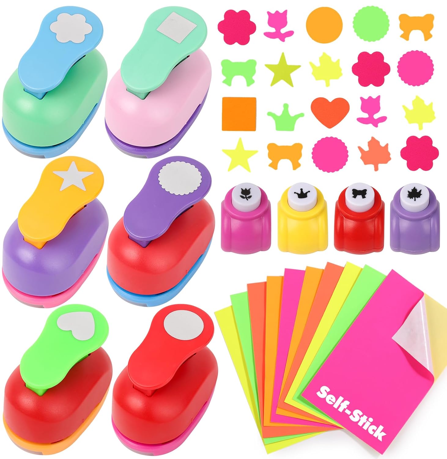 MAPVOLUT 20PCS Craft Hole Punch Set - 6 Large & 4 Mini Shape Punches (Stars, Hearts, Flowers) + 10 Sticker Papers | Scrapbooking, DIY Cards, Journals, School Projects