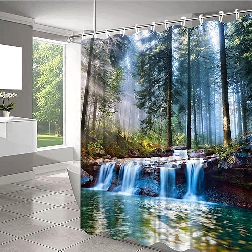 Miniatura 2 de Cortina de ducha en cascada de primavera, paisaje tropical, selva, selva tropical, árbol verde, verano, naturaleza, paisaje, tela de poliéster,