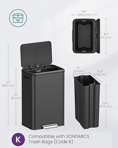 Miniatura 7 de SONGMICS Basurero de cocina, bote de basura de 10.5 galones (40 litros) con tapa y pedal ancho, cierre suave y se mantiene abierto, color plateado