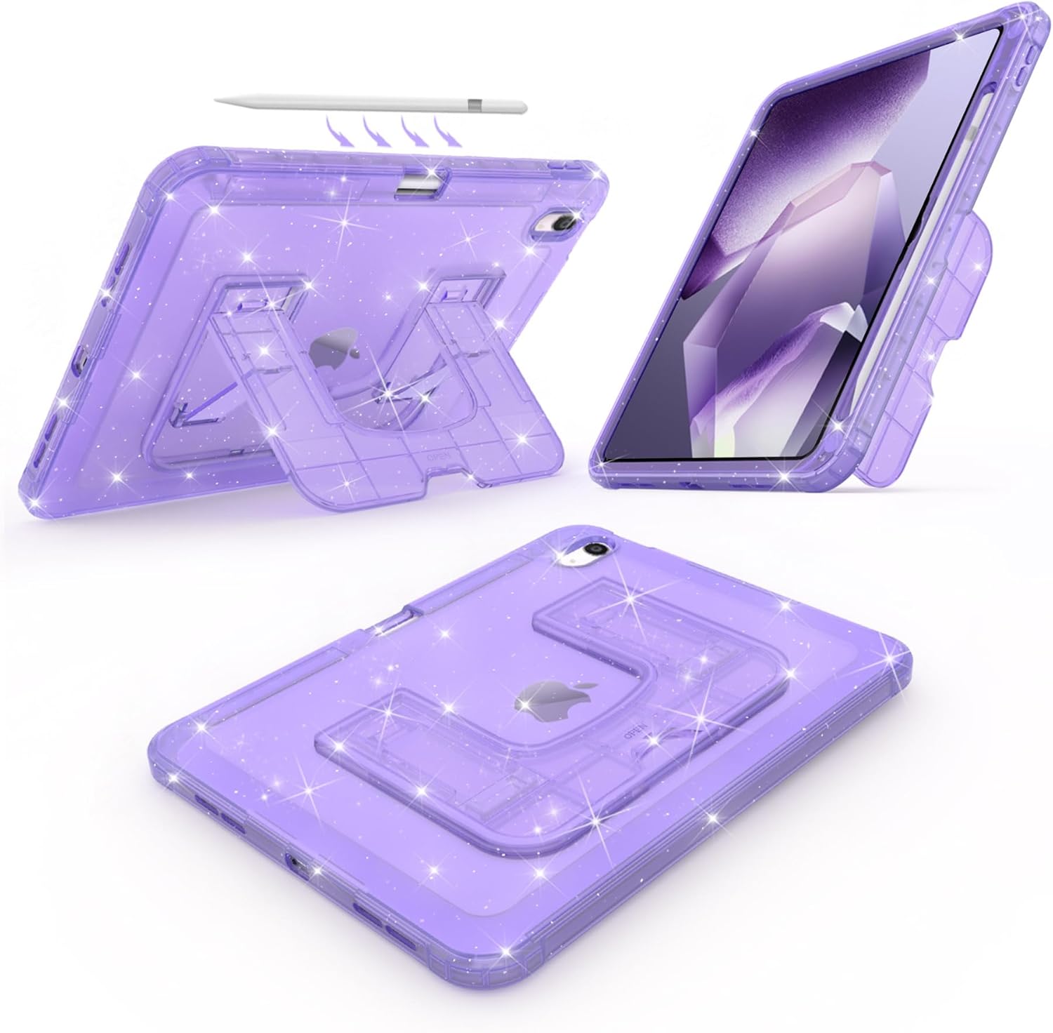 CCMAO Case for iPad (A16) 11th 11" 2025, iPad 10th 2022 with Pencil Holder & Kickstand, Shockproof Protective Slim Thin iPad Case with Glitter Transparent Back Cover for iPad 11/10, Purple Glitter