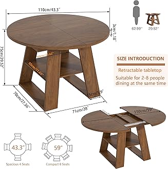 43.3in-59in Extendable Round Dining Table for 4-8, Modern Kitchen Oval Dining Table with Removable Leaves Space Saving, Wood Base with Storage Shelf for Kitchen Living Room, Walnut Style 2