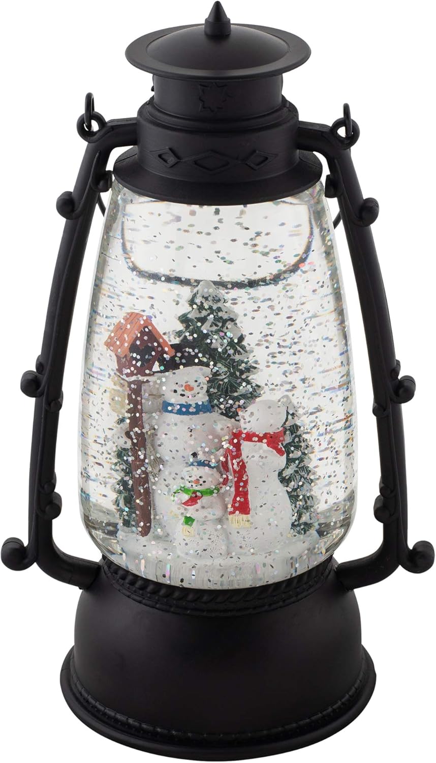 Round Hand Lantern Snowman Black 10 x 6 Resin Stone Christmas Musical Snow Globe