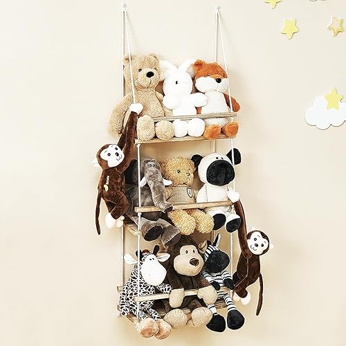 Stuffed Animal Storage Organizer Hanging Shelves, 3 Tier Wood Floating Shelf Toy Hammock for Toy Organizer Holder for Small Stuffed Animal Brown