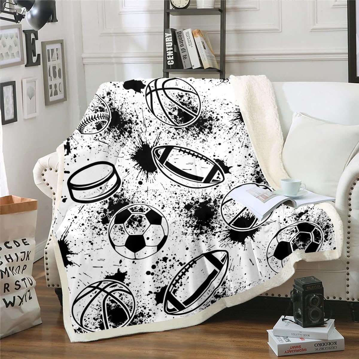LightluxuryBasketball Fleece Throw Blanket Single 50"x60" Kids Football Soccer Plush Blanket for Boys Girls Rugby Splash-Ink Sherpa Blanket Sports Fuzzy Blanket