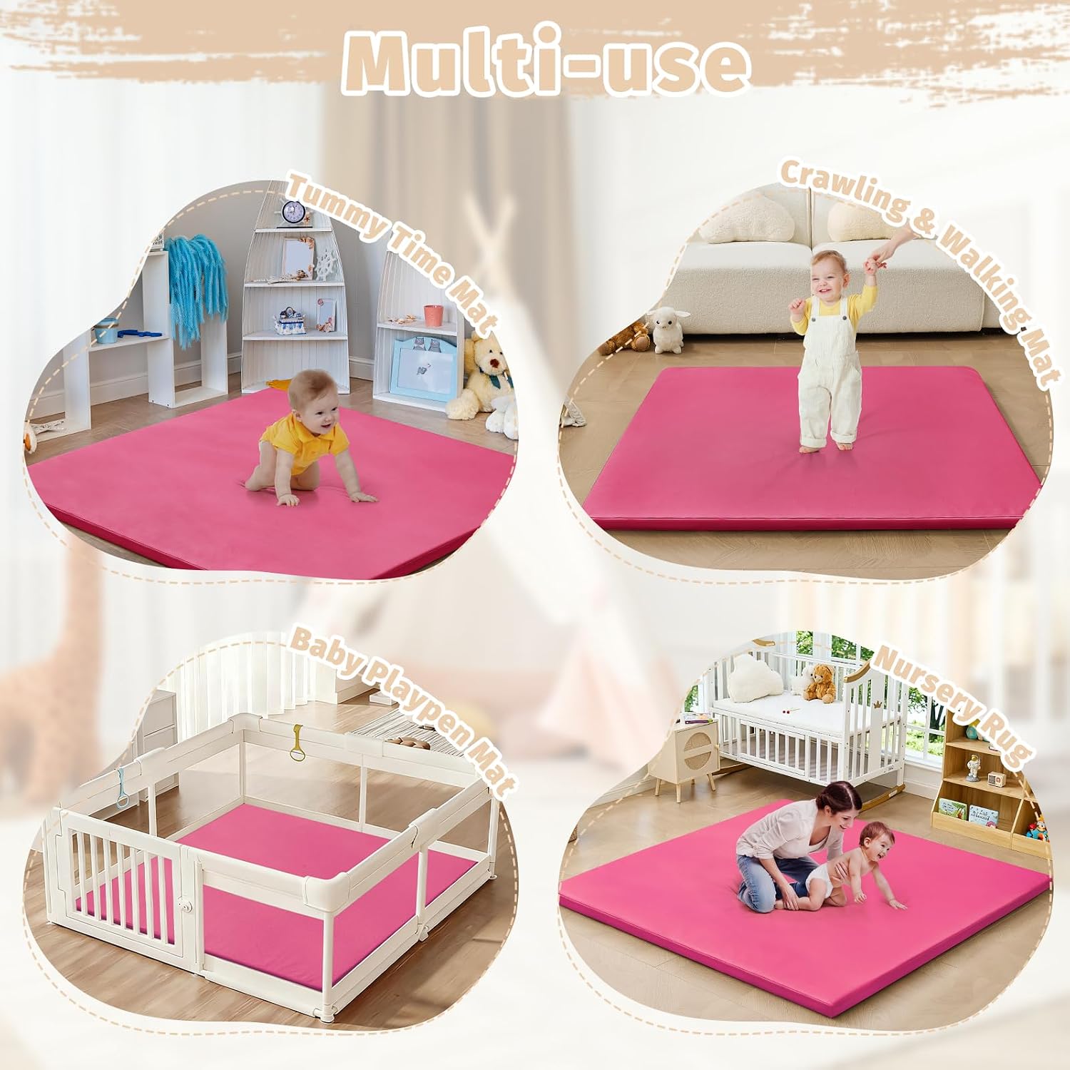 waterproof baby play mat for floor memory foam 47 * 47 cushion playpen playmat tummy time crawling mat nursery rug thick pad create soft & safe area for infants,toddler,kids,hot pink hot pink 47*47