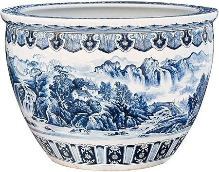 Fish Tabk Aquarium Fish Tank Blue and White Ceramic Hand-Painted Splendid Mountains and Rivers Fish Culture Cylinder Living Room Balcony Courtyard Lucky Fish Bo, A-90CM