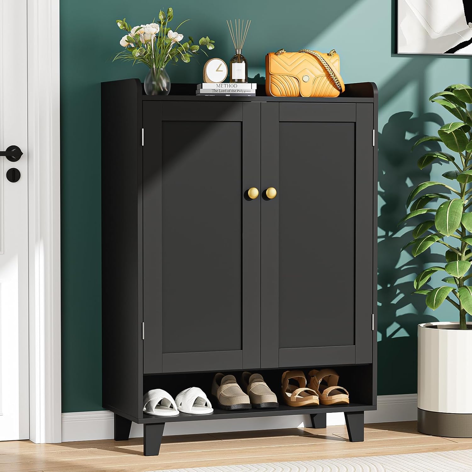 Flat-Shelf Shoe Cabinet with Doors，6-Tier Shoes Storage Cabinet with Adjustable Shelves，Wooden Shoe Rack Shoes Storage Organizer Cabinets for Entryway, Hallway, Living Room（Black）