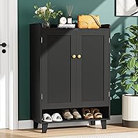 Vista 1 de Zapatero de estante plano con puertas, armario de almacenamiento de zapatos de 6 niveles con estantes ajustables, zapatero de madera para zapatos