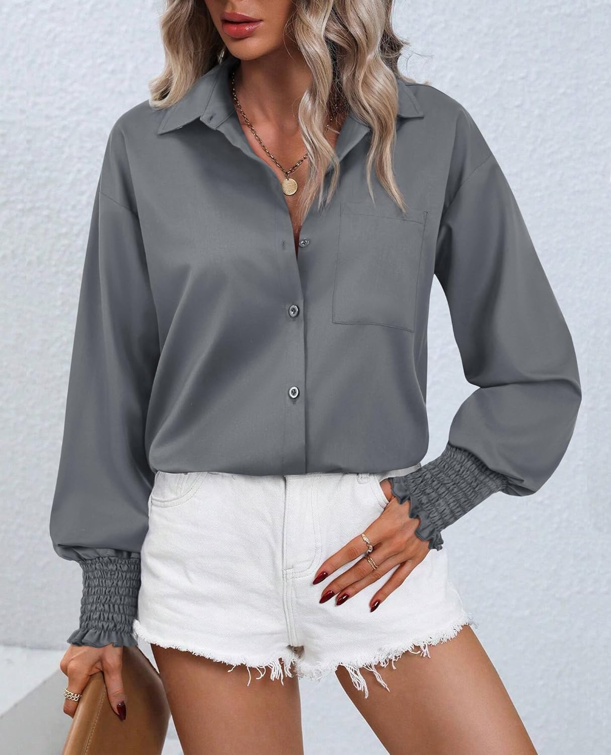 Womens Oversized Button Down Shirts Striped Smocked Cuff Long Sleeve Fall Blouses with Pocket Casual Collar Work Tops - Image 4