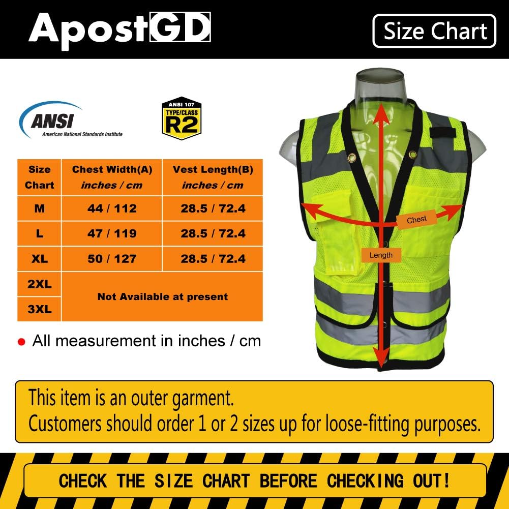 Fеаturеd Prоduсt ApostGD SA51-1GD-XL High Visibility Safety Vest,Large Pockets, Hi Vis Silver Strip, Neon Yellow,Snap Fastener, Silver Reflective Stripe, Meets ANSI/ISEA Standards, Class 2