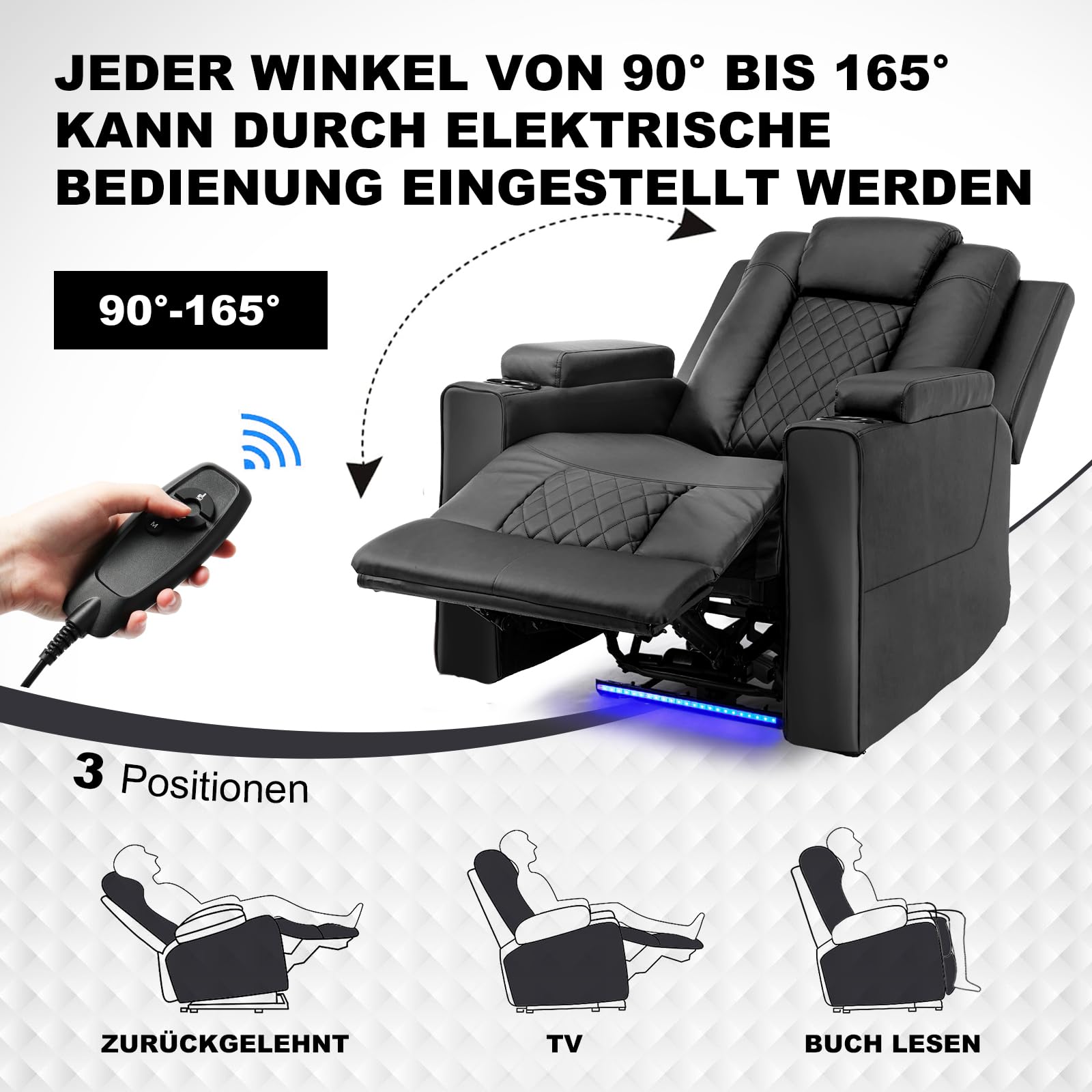 COMHOMA Fernsehsessel Relaxsessel mit Liegefunktion Relaxsessel & -liegen mit LED, Elektrisch Verstellbar TV Sessel bis 150kg mit Massagefunktion Wohnzimmer Schlafzimmer Heimkino Schwarz