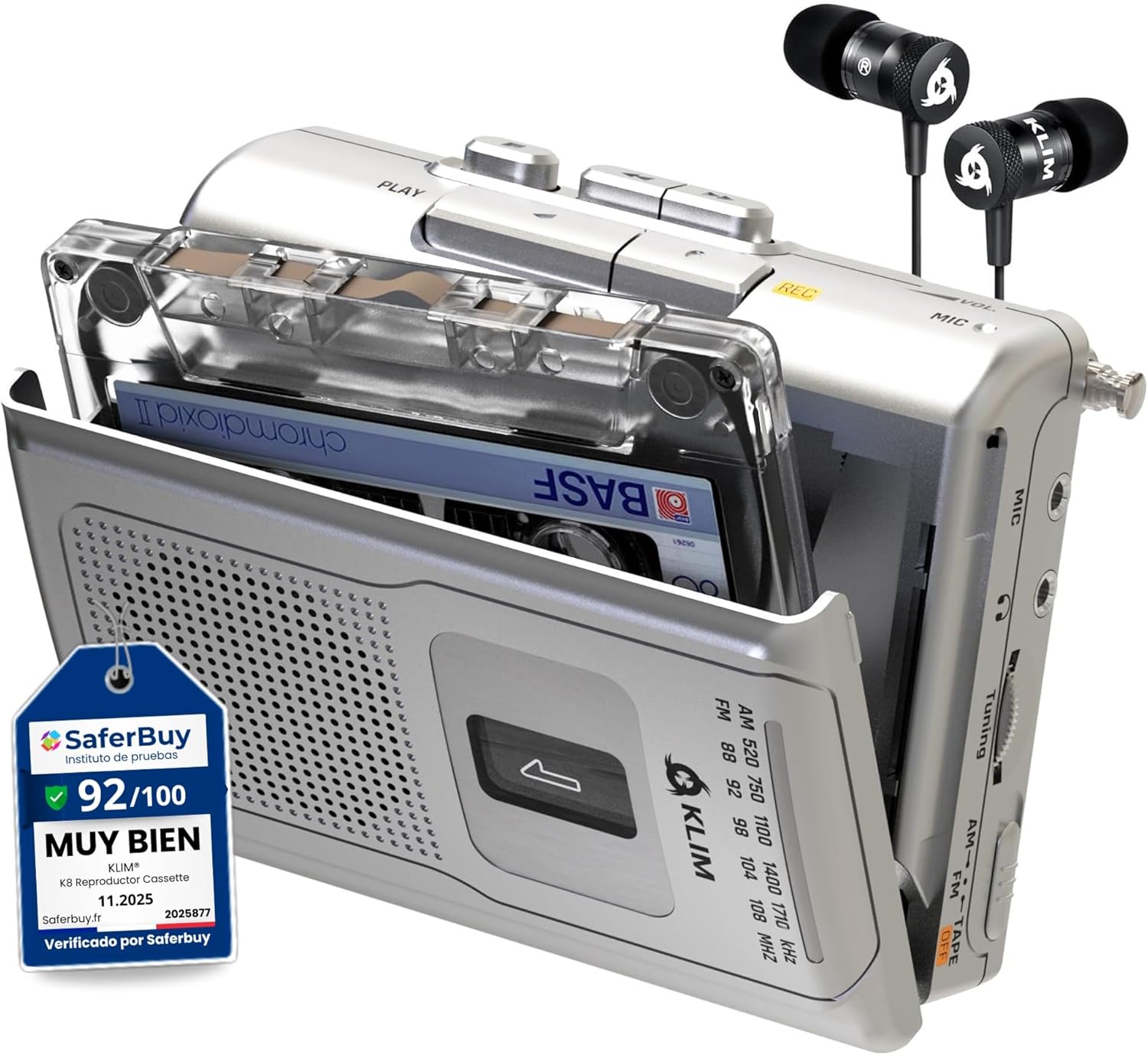 KLIM K8 Cassette Tape Player Portable - Cassette Recorder - NEW Version - AM/FM - Built-in Microphone & Speaker - Headphone Jack & Earphones - Silver