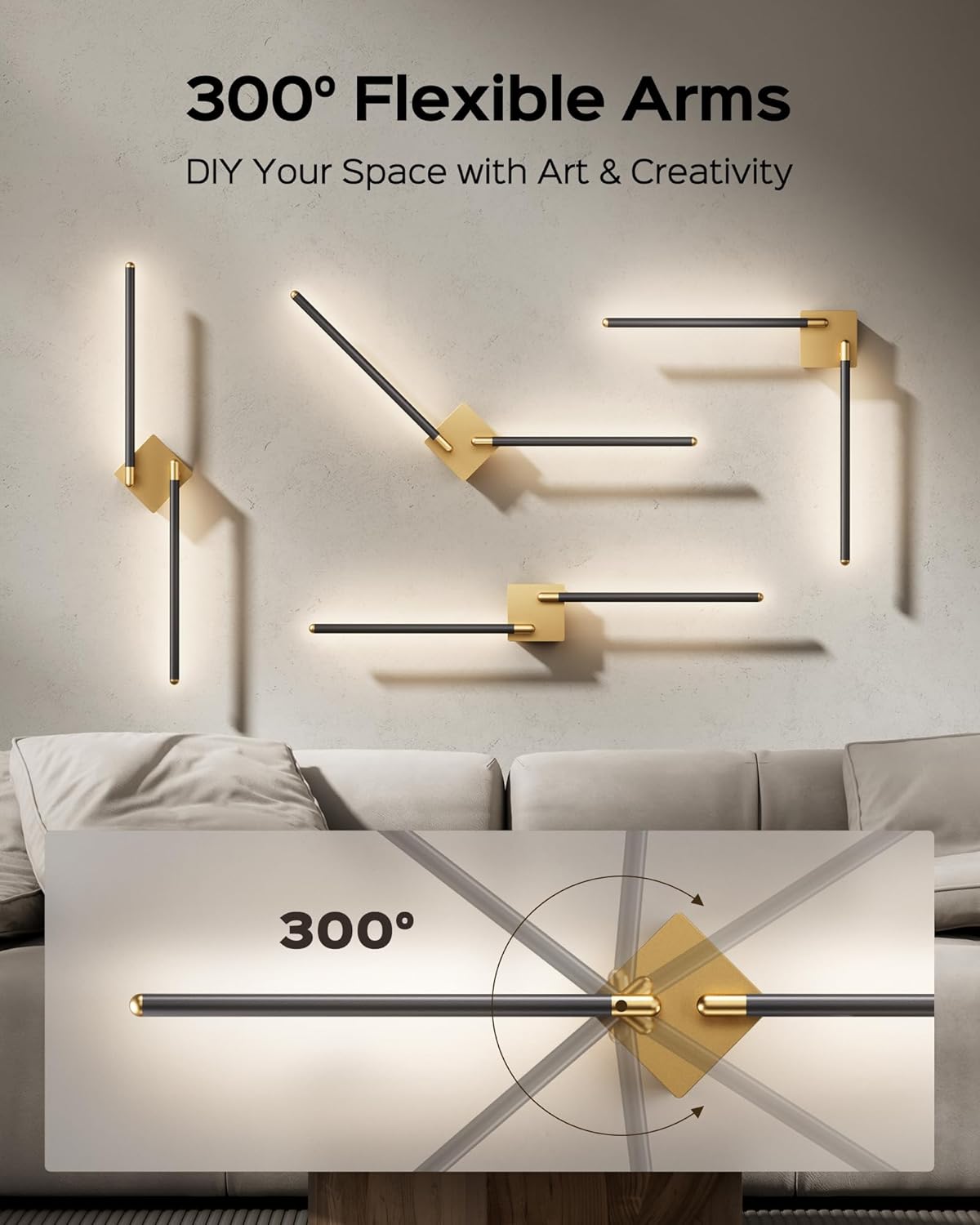 JACKYLED Battery Operated Wall Lights with Remote Control,Wall Sconces Set of Two 3000K-6000K LED Rechargeable Sconces,Black Gold Wireless Wall Light for Bedroom,Living Room