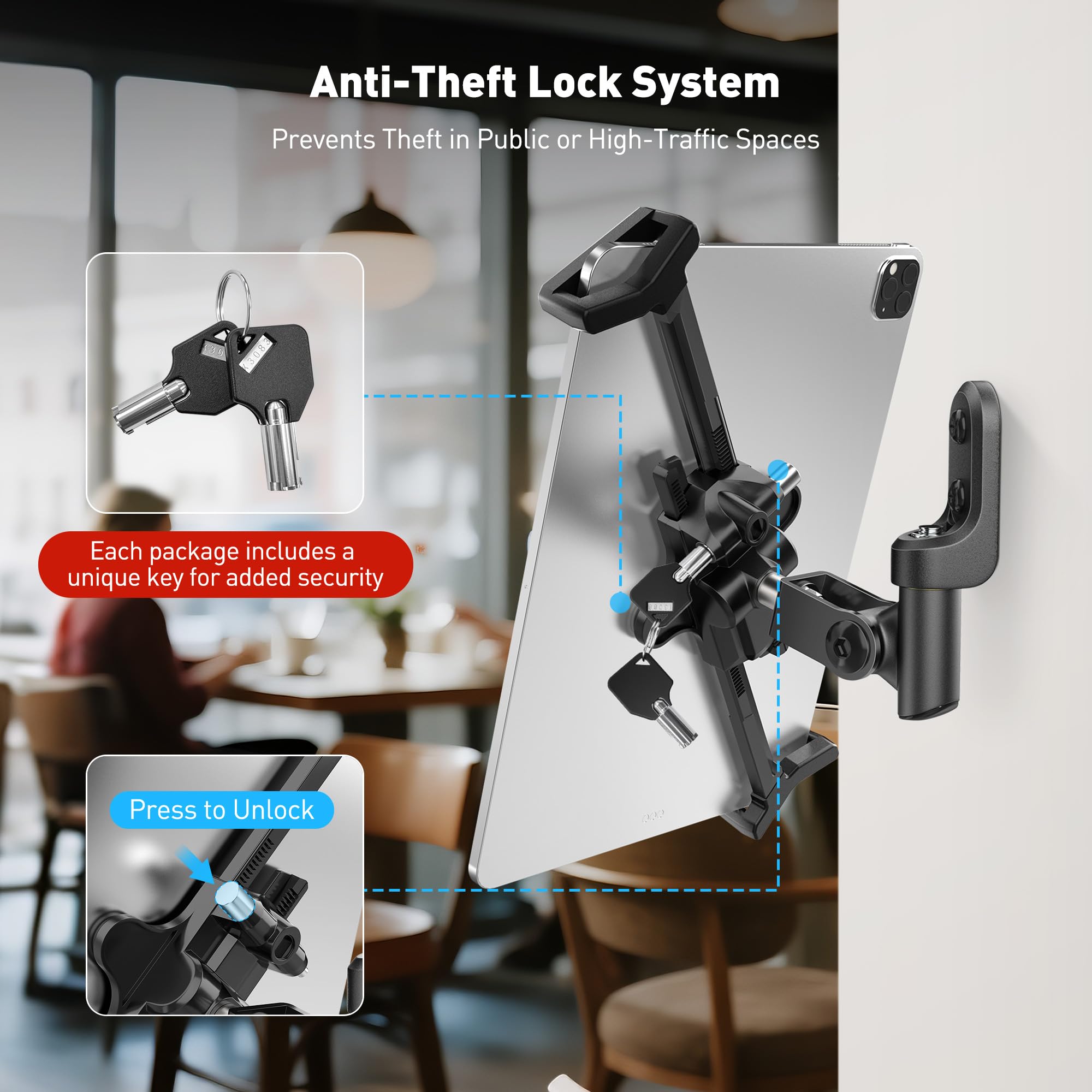 AboveTEK Supporto da parete per tablet antifurto universale di sicurezza POS, supporto diagonale per iPad da 7 a 13 pollici, nero