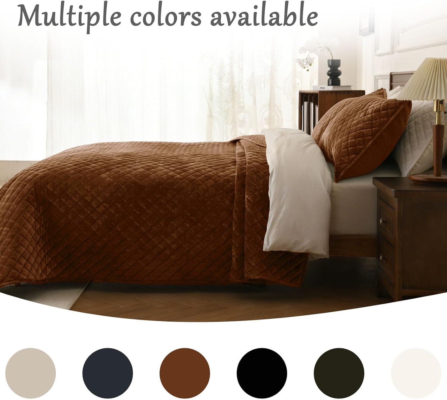 3-Piece Velvet Quilt Set King Size 98"x106" Comforter Quilted Bedspread Soft Bed Blanket Luxury Bedding with 2 Pillow Shams 20''x36'' for All-Season,Caramel