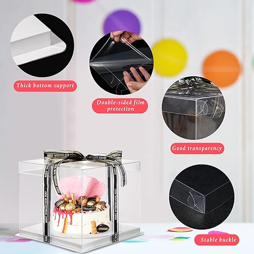 Miniatura 3 de 4 cajas transparentes para pasteles con una cinta de 147 pies de 10 x 10 x 9 pulgadas de alto, caja para tartas para bodas, cumpleaños, aniversario,