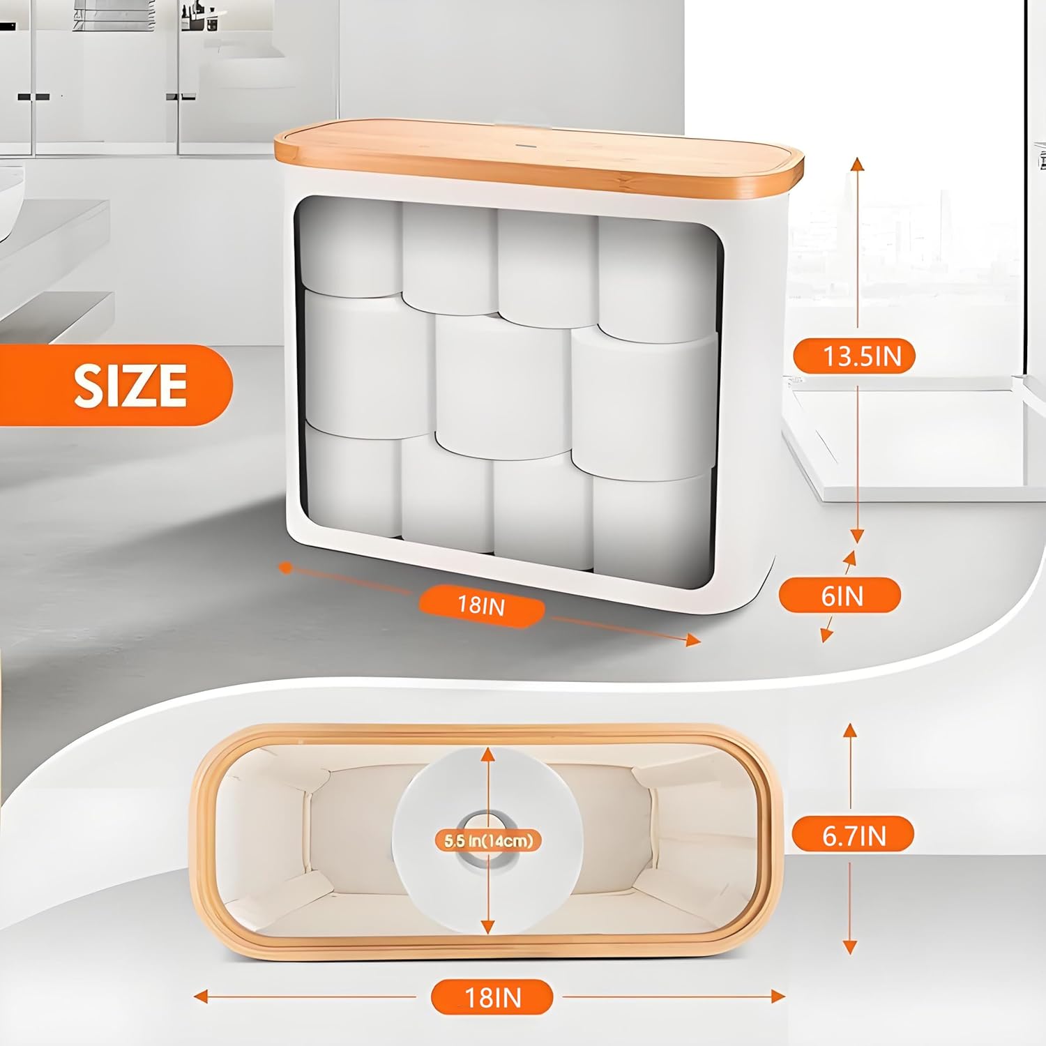 Toilet Paper Storage Cabinet with Bamboo Lid, Holds Up to 12 Rolls, Waterproof Lightweight Toilet Roll Organizer with 3-Minute Assembly, Spacious Bathroom Storage Bin for Toiletries (White)