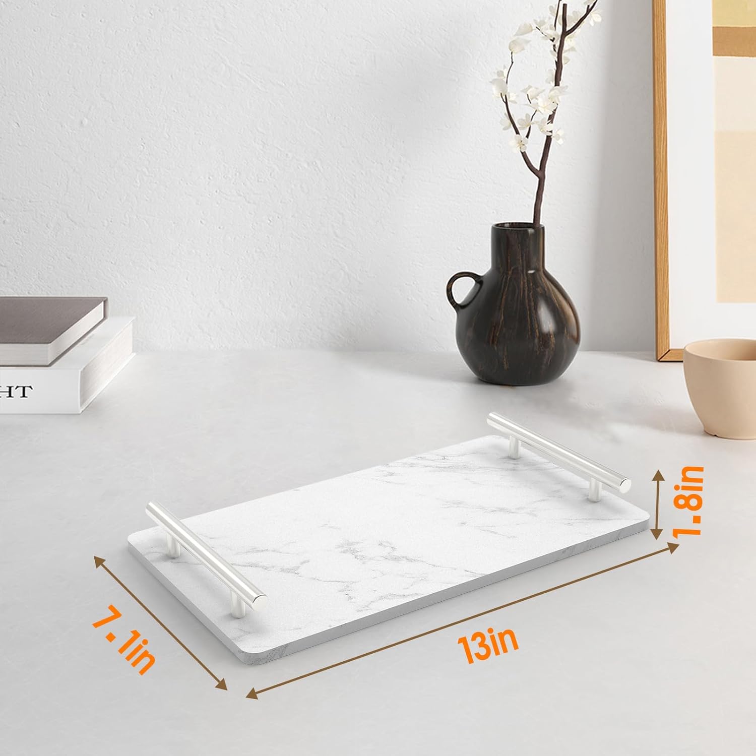 Guest Towel Holder Tray for Bathroom,Marble Bathroom Tray with Handles - Napkin Holder for Bathroom & Kitchen -Decorative Tray for Living Room & Cosmetic(Silver,Large)