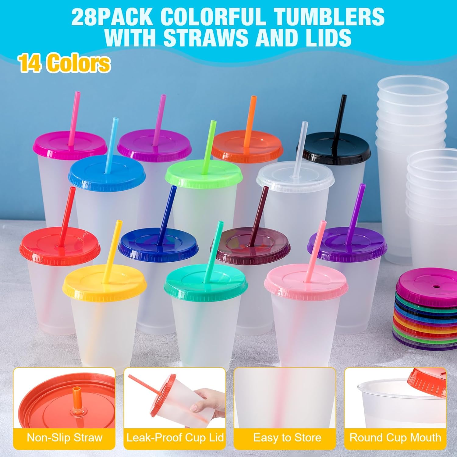 Hsei Reusable Plastic Tumbler with Straw and Lid Bulk -clear Plastic Cups with Lid and Straw for Iced Coffee Water Smoothie Water Bottle Travel Mug Cup for Birthday Party Gifts(28 Pack,24 oz, 16 oz)