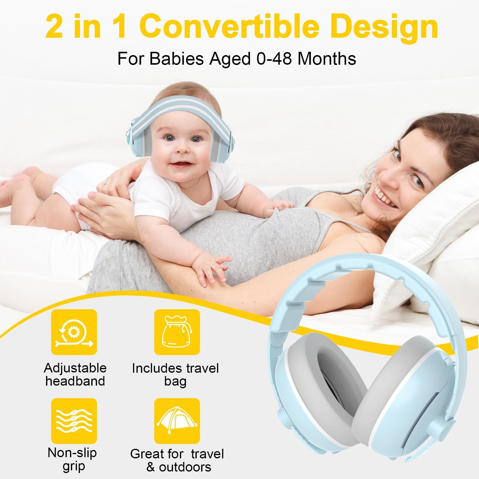 Robofun 2 in 1 Cuffie Neonato Antirumore, Protettori Acustici per Neonati -25dB, Fasce Regolabili, Protezione Acustica Ideale per Neonati fino a 48 Mesi, Confortevoli