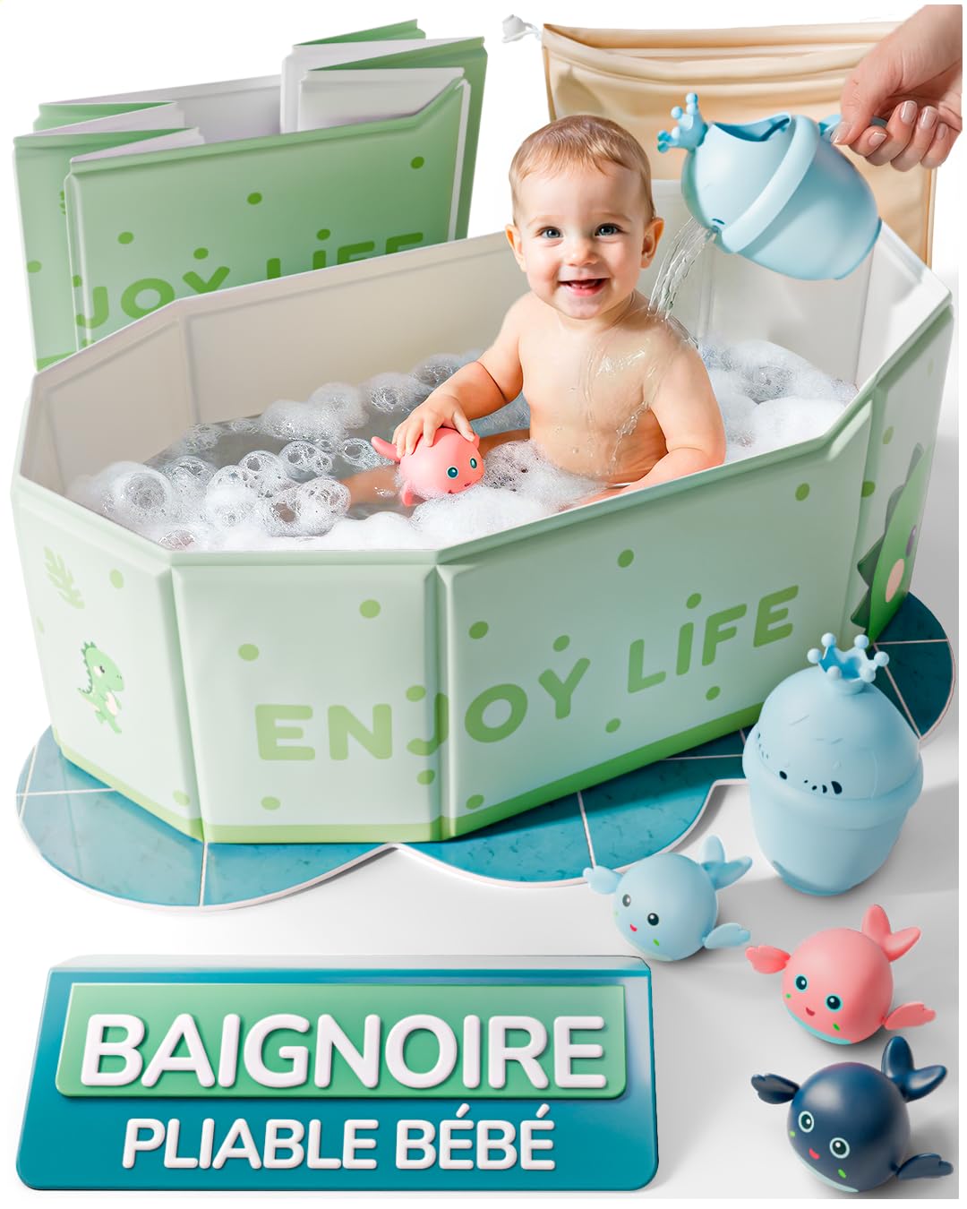 Kit baignoire pliable enfant avec accessoires antidérapante portable xxl