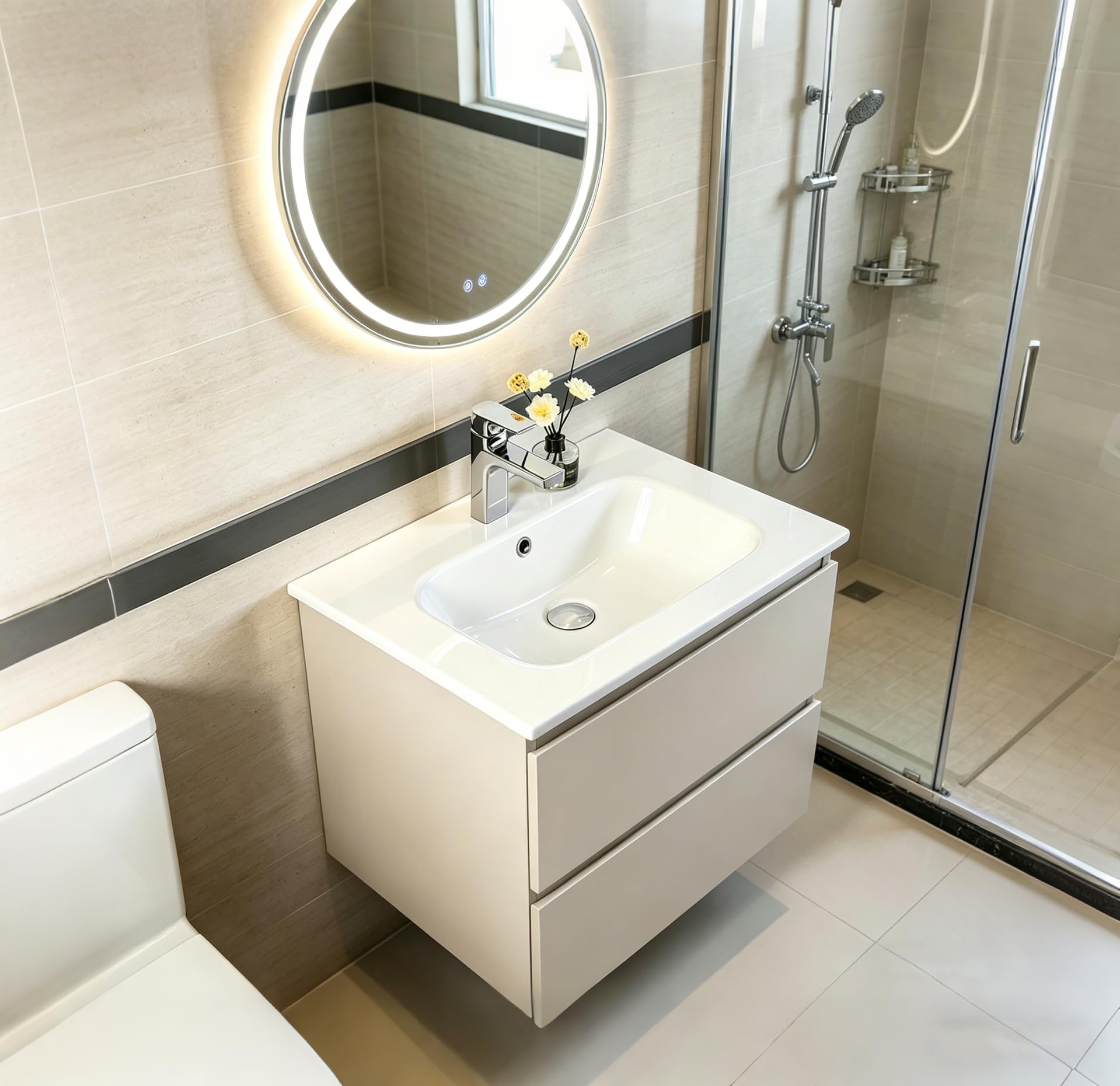 Lavabo Integrale a Incasso Soprapiano, Rettangolare in Ceramica Bianco Lucido, Lavandino Bagno con Foro Troppopieno (610 x 460 x 155 mm)