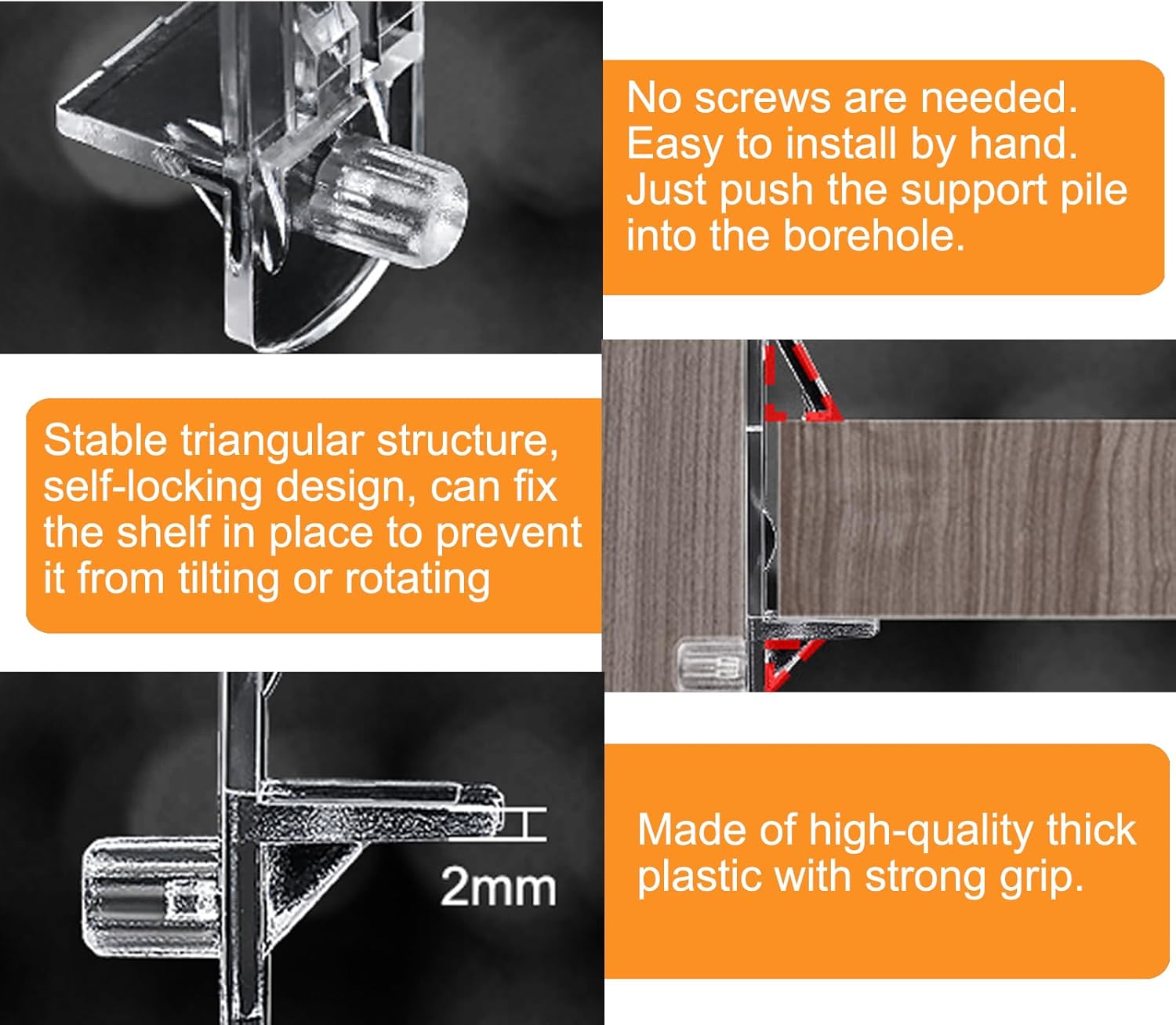 20 Pcs Plastic Locking Shelf Support Pegs, 5mm Shelf Pins Bracket, Kitchen Cabinet Wooden Shelf Clips for 5mm Peg x 3/4” Thick Plate