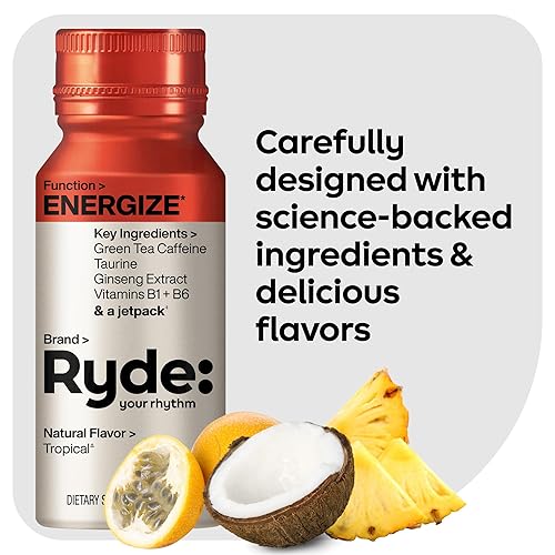 Miniatura 5 de Ryde Energize Shot  Sabor tropical  Té verde cafeína, taurina, extracto de ginseng y vitaminas B  0 calorías, 0 azúcar, 2 inyecciones de onzas