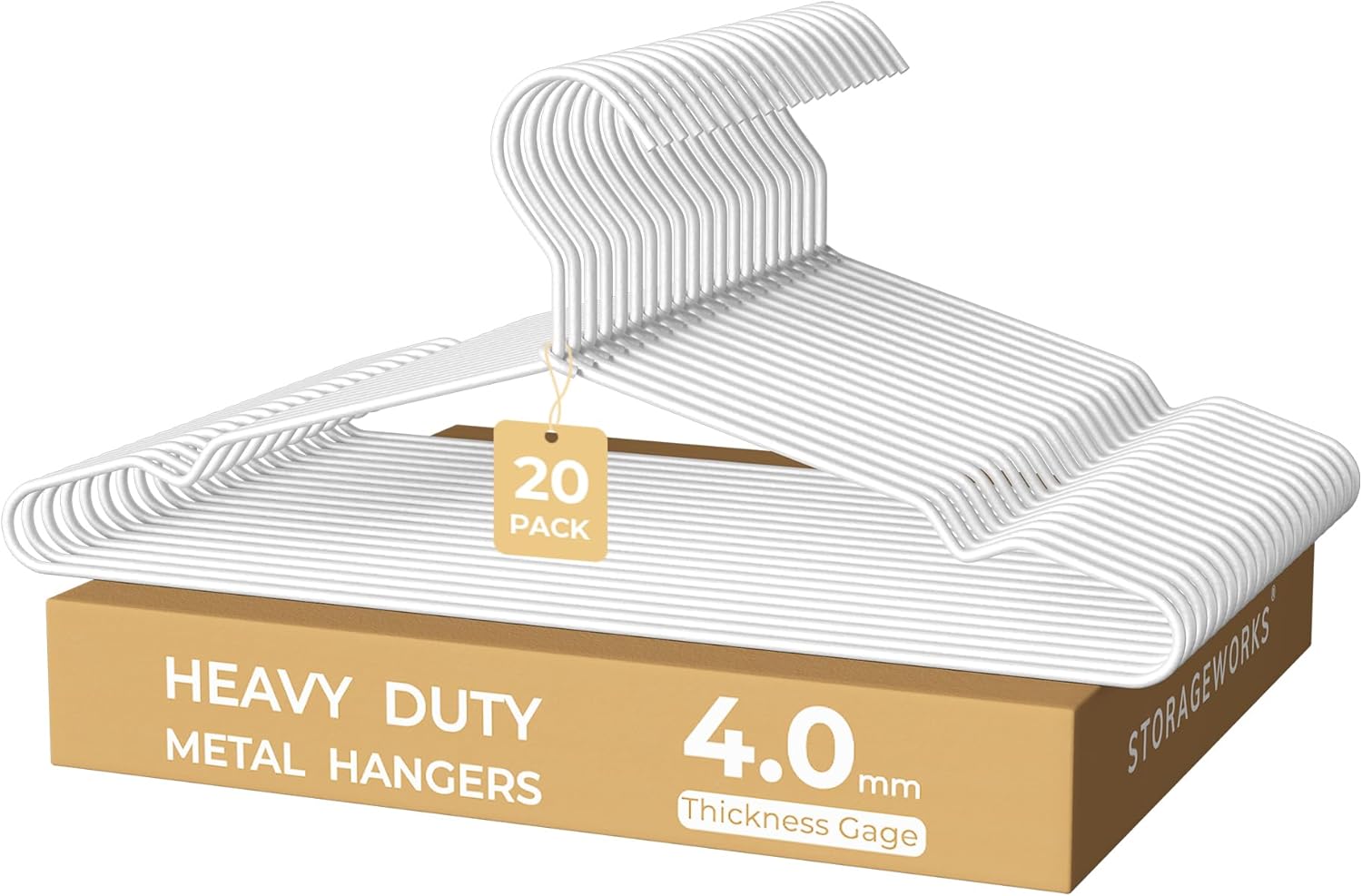 StorageWorks 4mm Super Thick Metal Wire Hangers, Heavy Duty Stainless Steel Clothes Hangers for Coats, Shirts Jackets, Pants, Suits, Space Saving White Hangers for Closet, 20 Pack