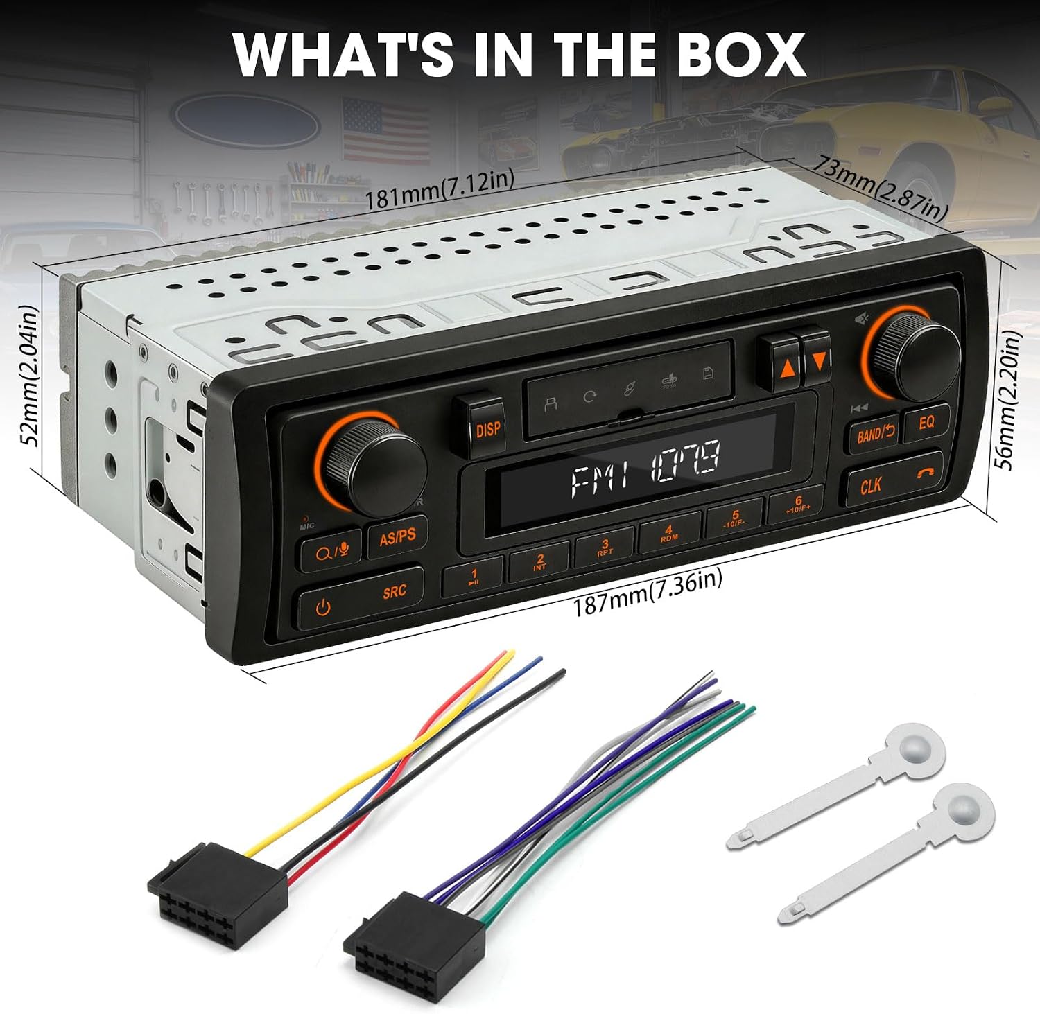 Retro Bluetooth Car Radio System: Single Din European Look Stereo for Classic Vehicles - LCD Display AM FM USB SD AUX USB-C Fast Charge 4-CHN Outputs