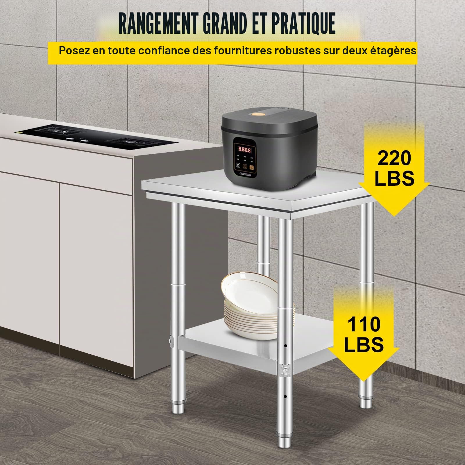 VEVOR Table de travail en acier inoxydable 60 cm x 60 cm pour la préparation des repas, la couture, le lavage, l'artisanat, l'utilisation du garage, etc.