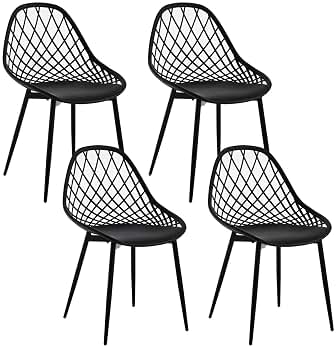 Sillas de Comedor Set 4, Sillas de Cocina con Respaldo Hueco, Sillas de Plástico con Patas de Metal, Sillas de Estilo Escandinavo, para Cocina, Comedor, Dormitorio y Salón, Negro, K0017EZS-4